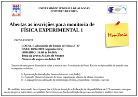 Abertas as inscrições para monitoria de FÍSICA EXPERIMENTAL 1